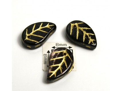 FR14 - margele frunza, negru/ametist cu model auriu ,10 buc