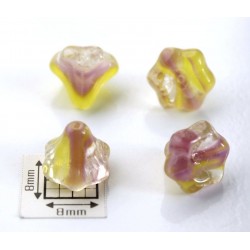 Clopotei 10x9 mm - margele sticla presata Cehia flori - crystal/galben/roz (2 bucati)